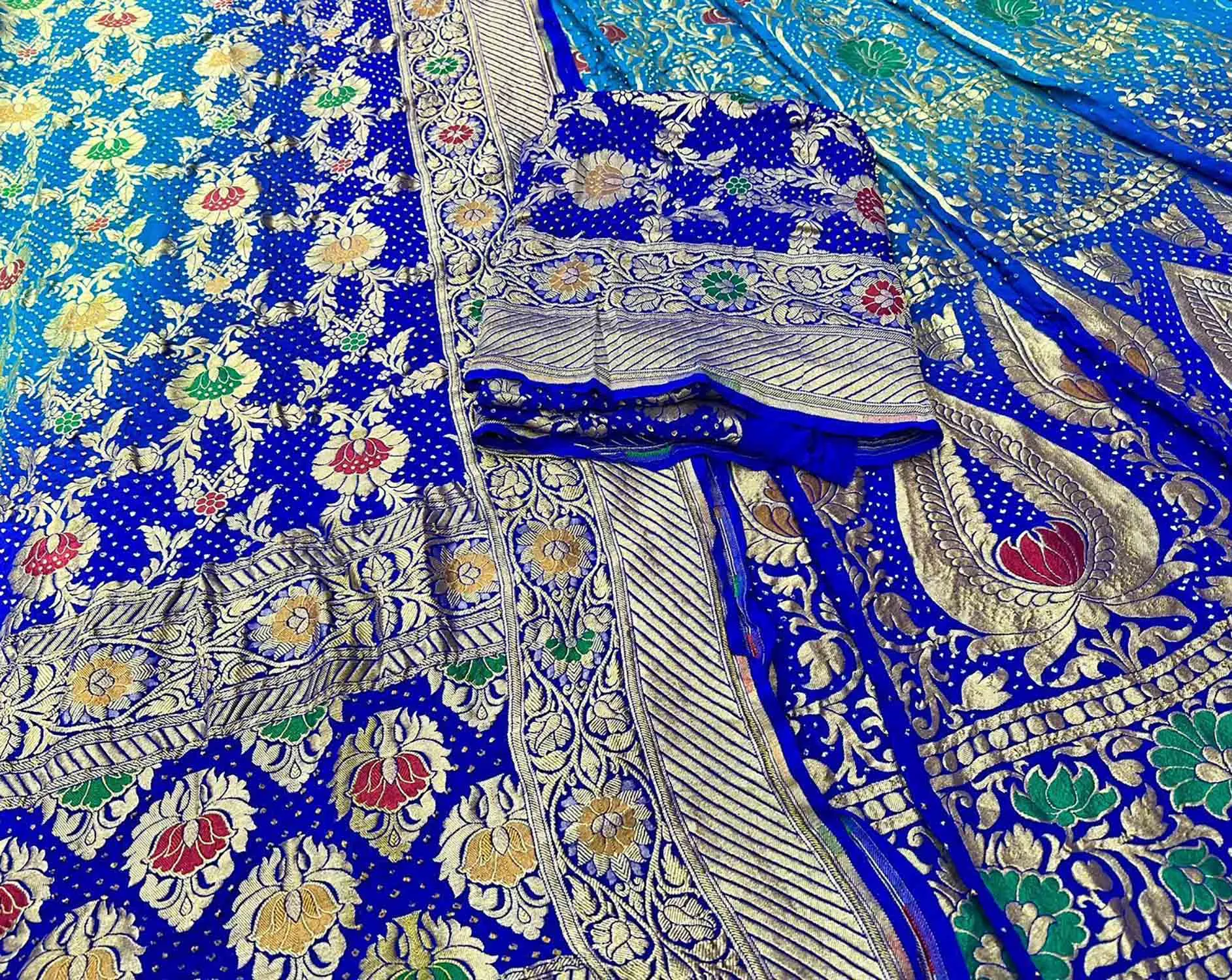 Blue Banarasi Bandhani Pure Georgette Unstitched Lehenga Set