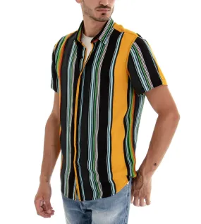 Camicia Manica Corta Uomo Fantasia Righe Rigata Colletto Giallo GIOSAL-CC1095A